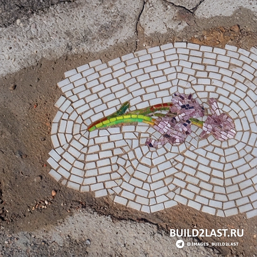 Иллюстрация с мозаикой в виде цветных квадратов, размещенных в местах выбоин на дороге